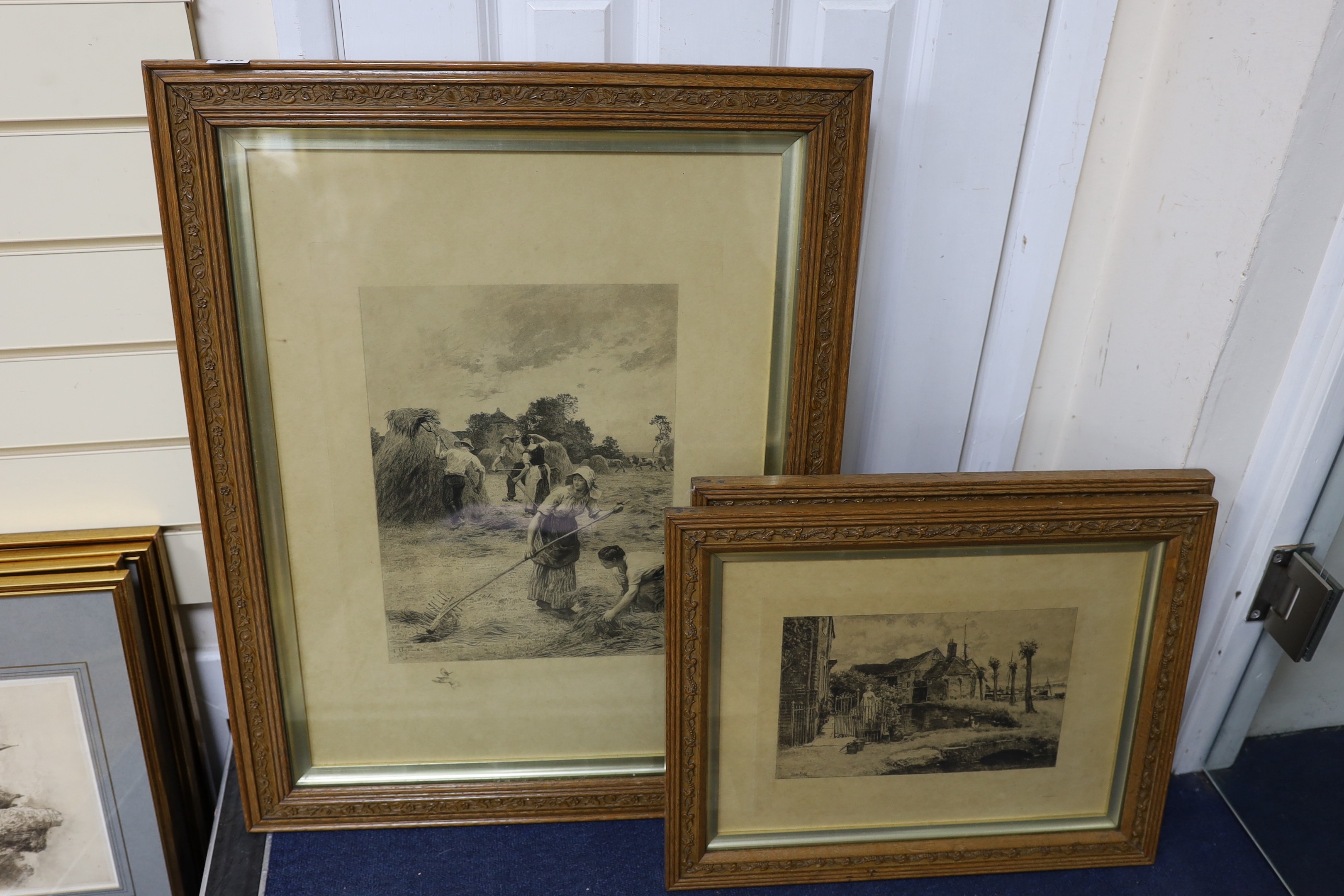 After Leon Lhermitte, etching, Haymaking, overall 60 x 43cm and two smaller prints after Yeend King and Debat-Ponson